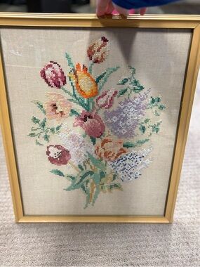 Vintage Hand Crafted Gold Frame Floral Needlepoint Tulips and Lilac
